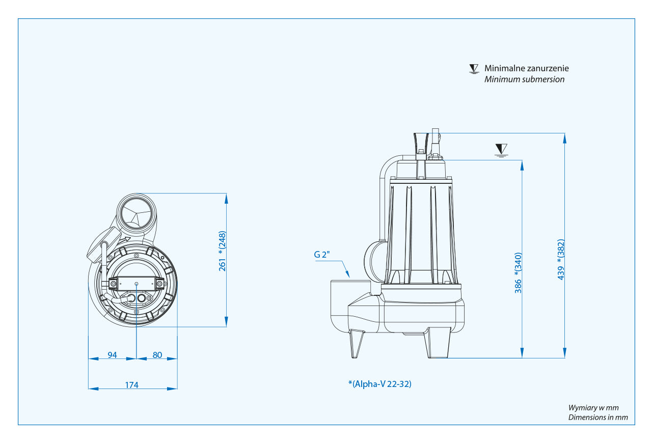 Alpha V 2 m/g (0,56 kW, 230 V) Spezifische Pumpe mit Schwimmer Alpha V EVO 55 T/G (1,5 kW, 400 V) Spezifische Pumpe mit einem Schwimmer