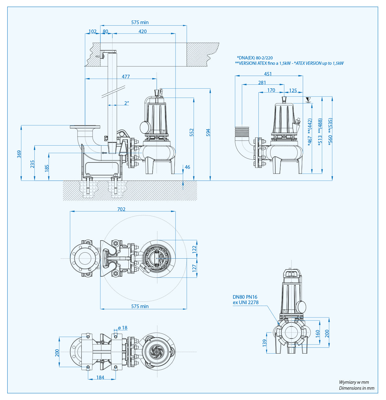 DNA 80-2/220 T (2,2 kW, 400 V) Spezifische Pumpe mit 20 m Kabel